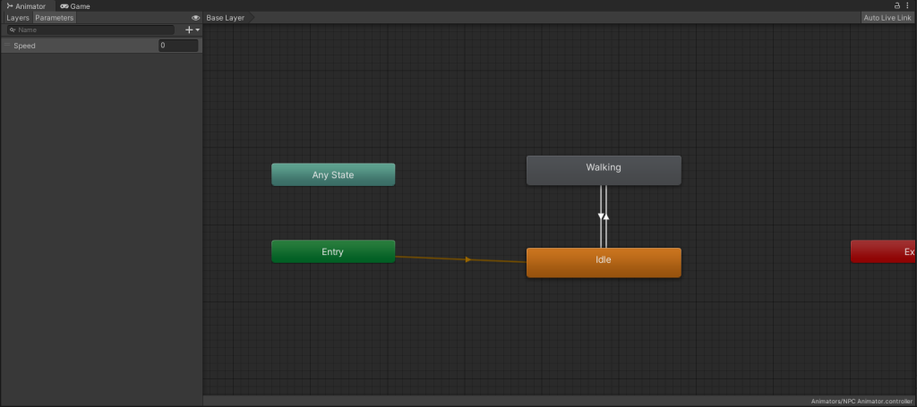 El animador de nuestro PNJ en Unity.