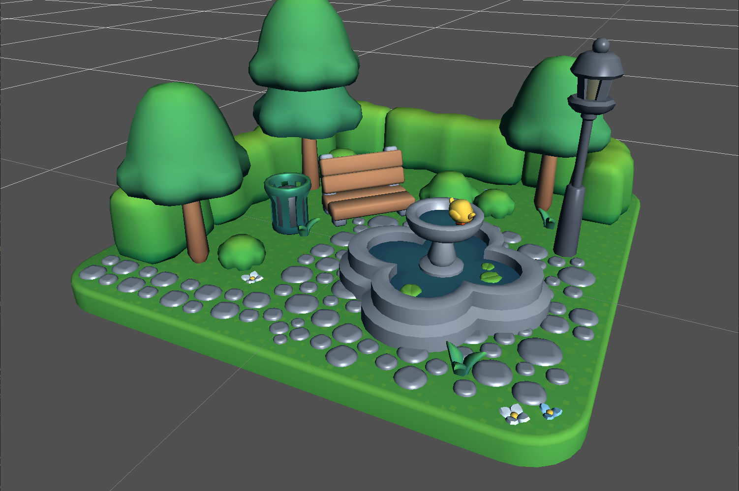 Park diorama with several different specular surfaces.