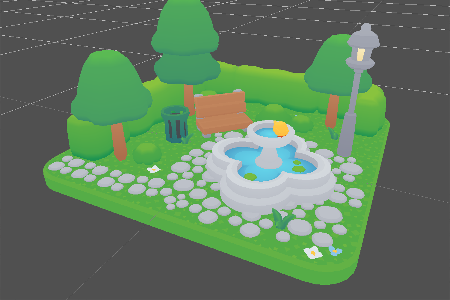 A pretty park diorama rendered using an unlit shader