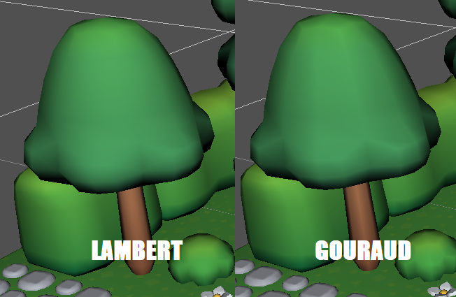 Comparison of a tree shaded with both Lambert and Gouraud shaders