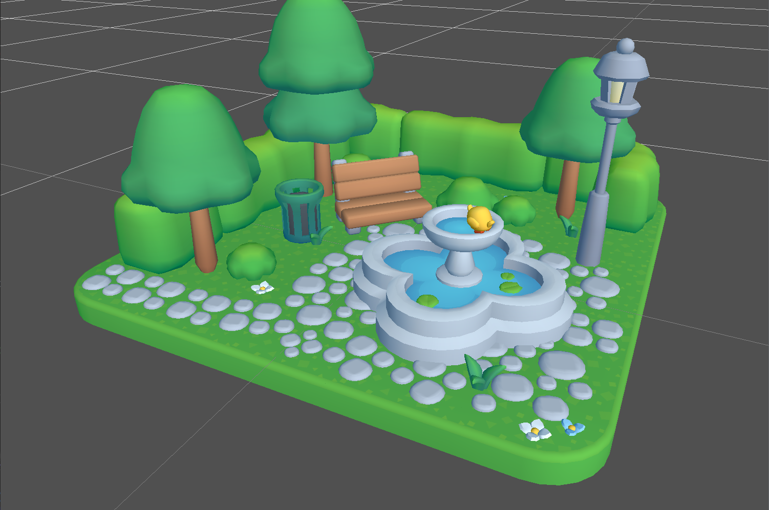 A small park diorama rendered with a modified Blinn-Phong effect that saturates shadows.