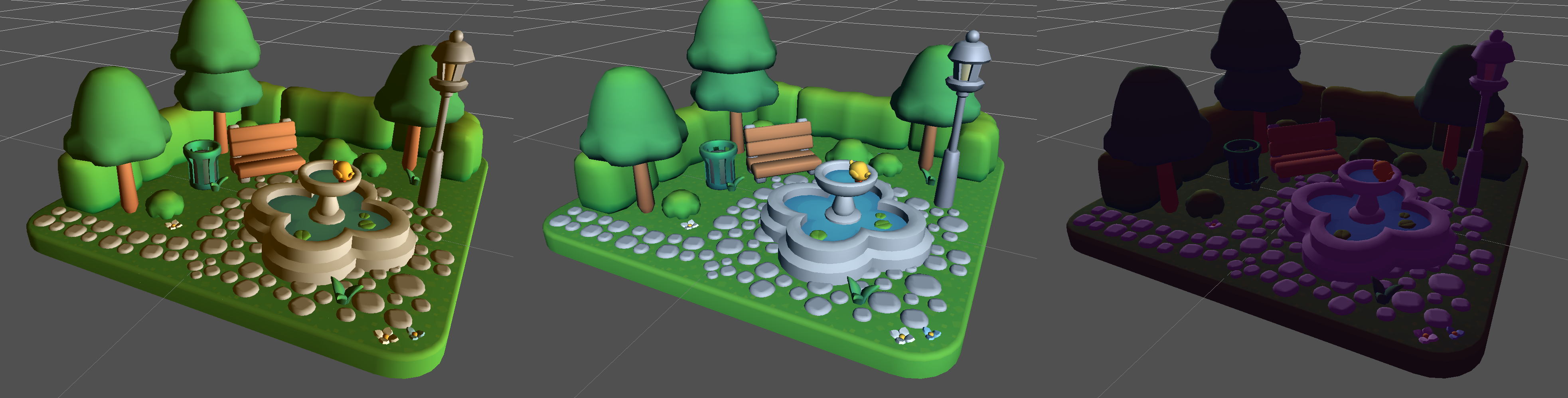 A comparison of three instances of the diorama: morning, midday and sunset.