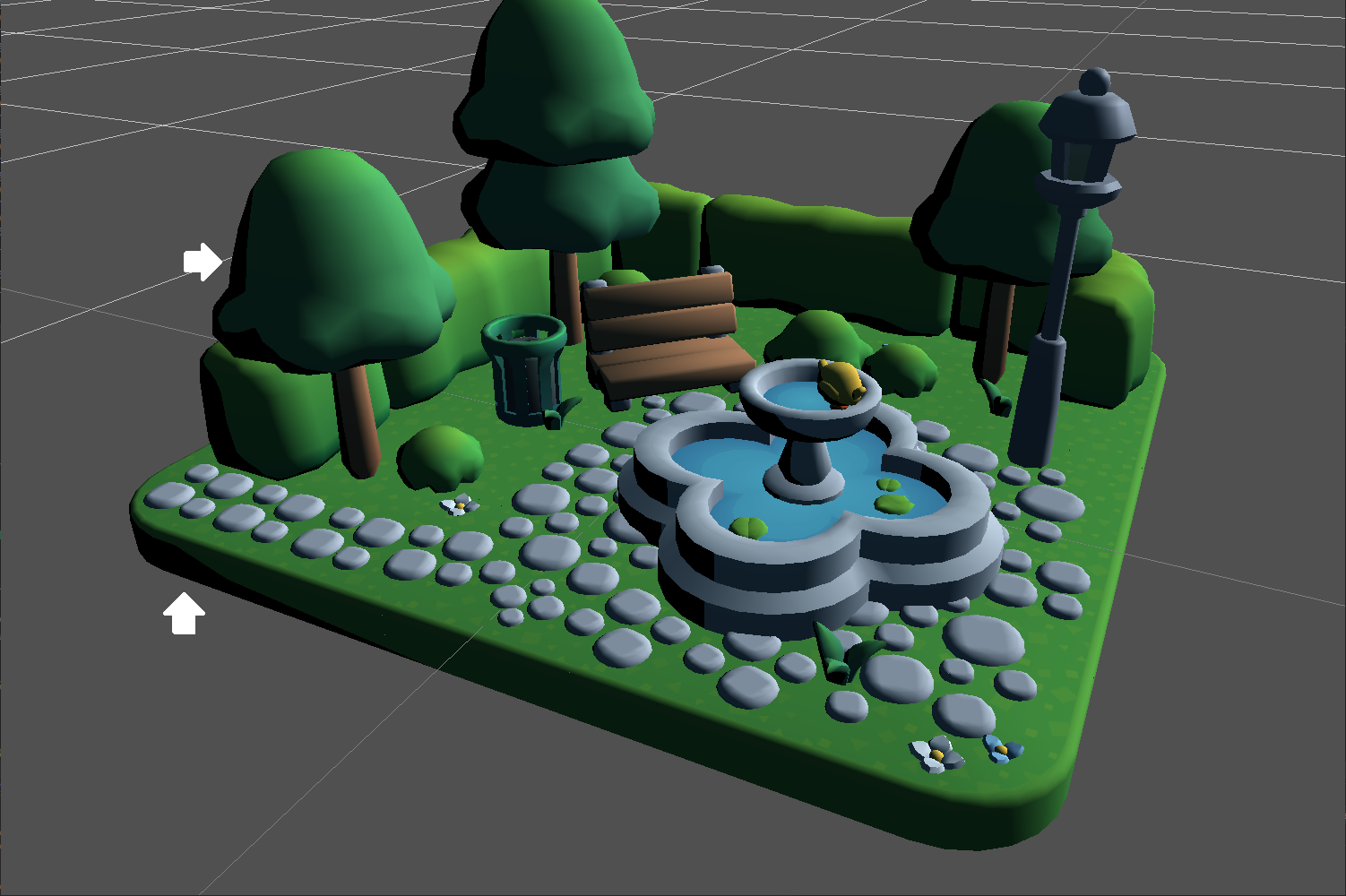 A hard shadow crosses most objects, almost in a toon-shading like fashion.