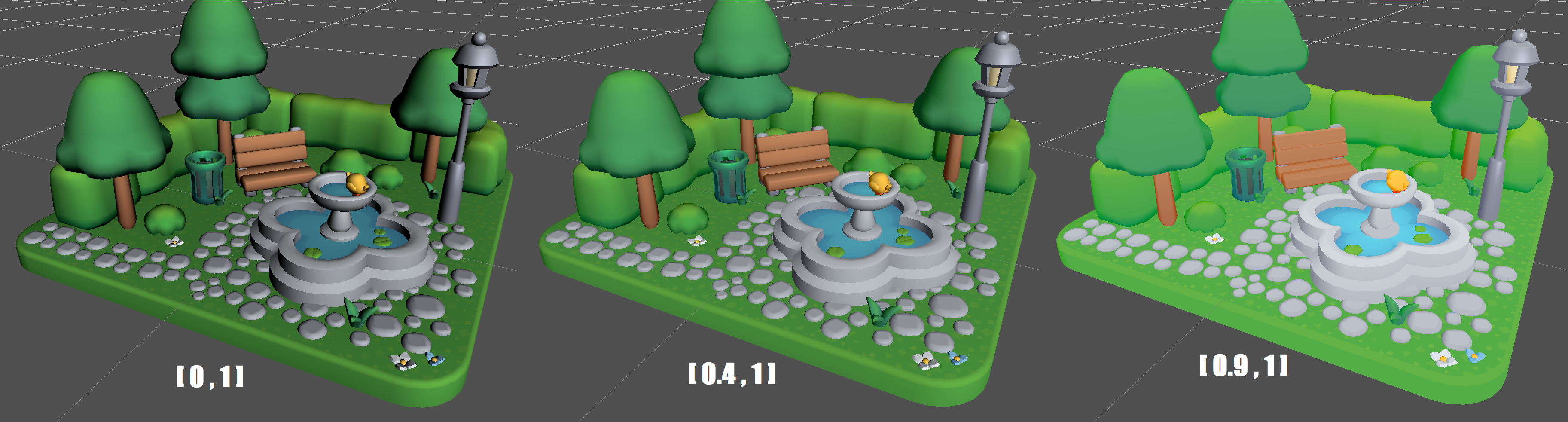 Three park diorama examples with different diffuse remaps: 0, 0.4, 0.9