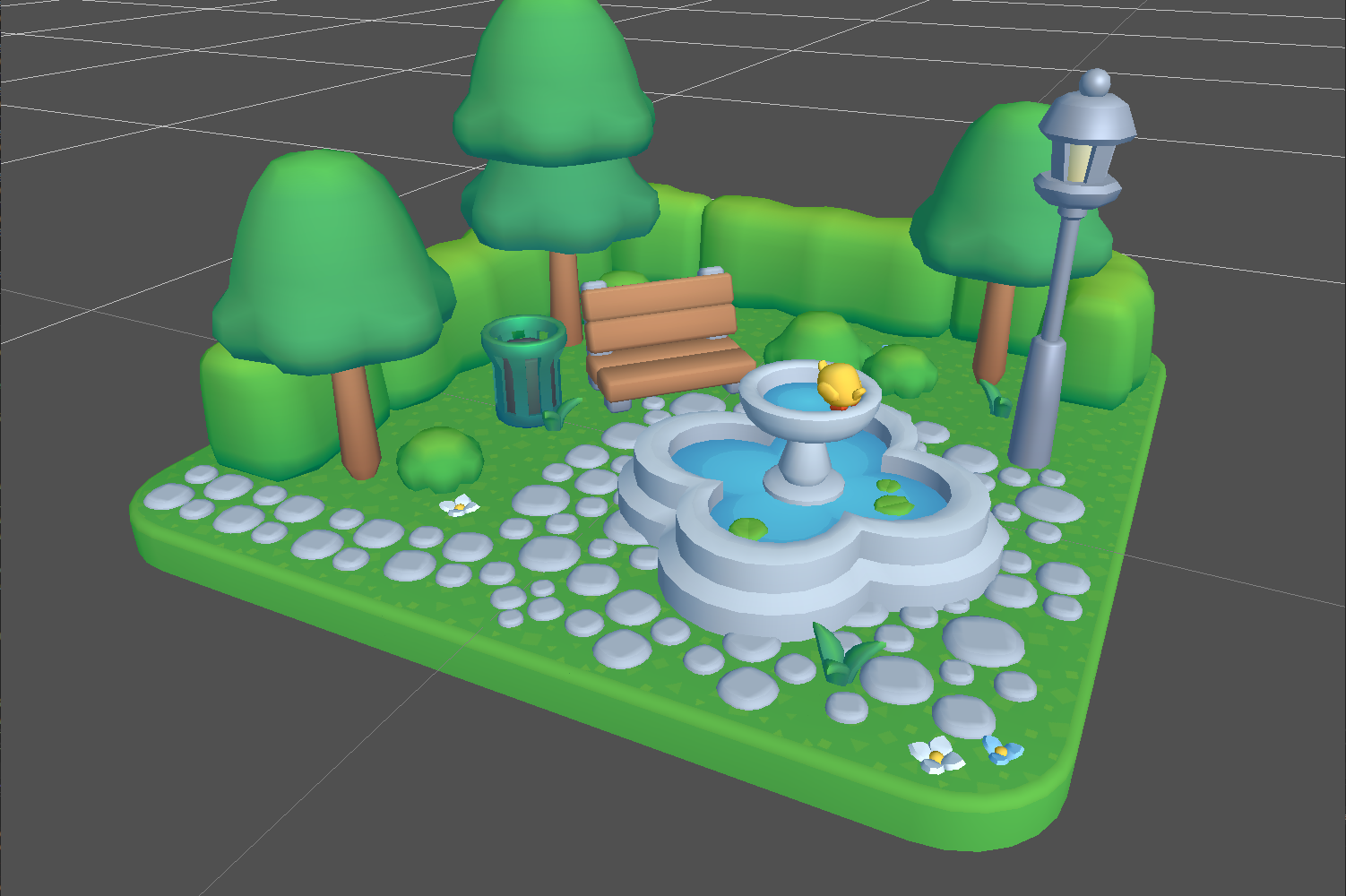 A small park diorama rendered with a modified Blinn-Phong effect that saturates shadows.