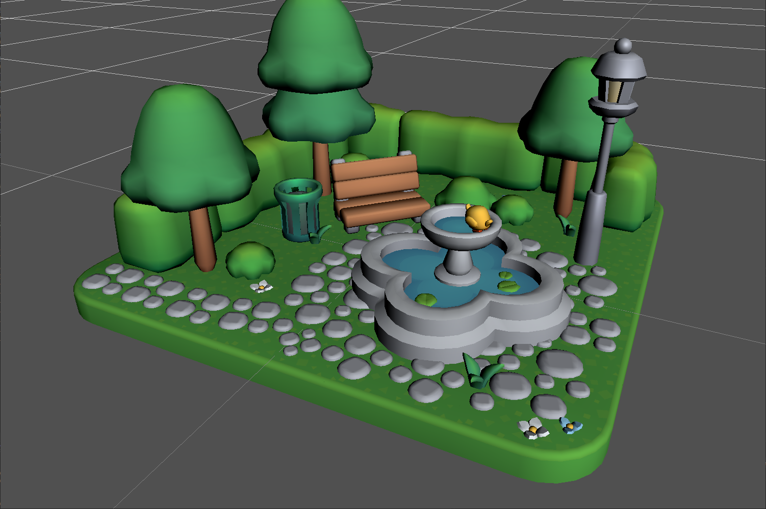 Park diorama with saturated shadows