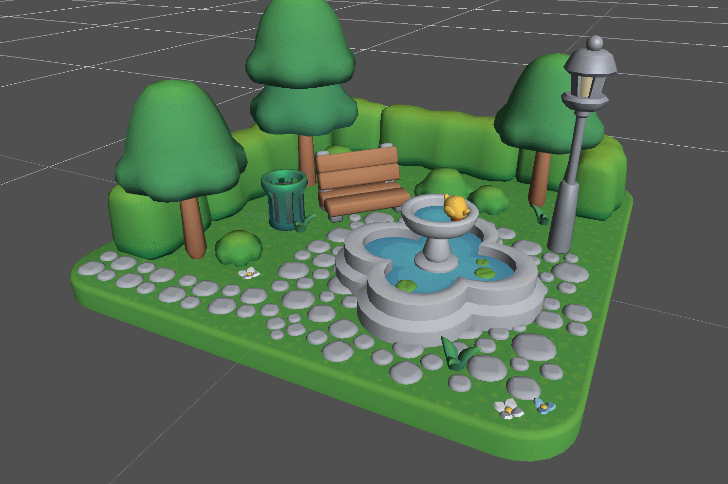 Gif of the park diorama going from very desaturated to very saturated over time.