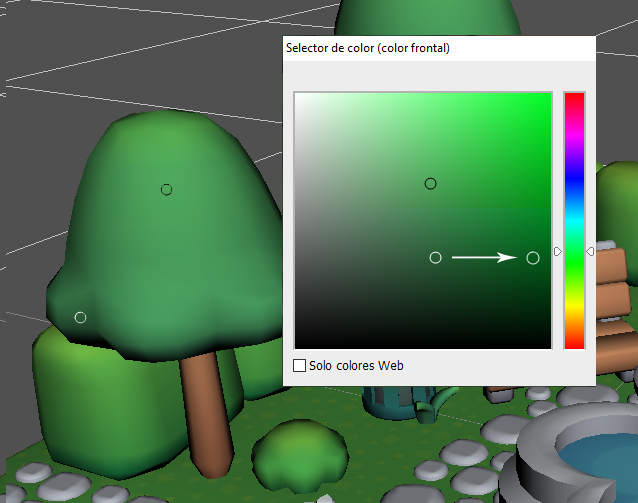 Same image. An arrow comes out of the darker version of the colour to a new point, equally dark but more saturated. This third colour is added to the comparison of the other two.
